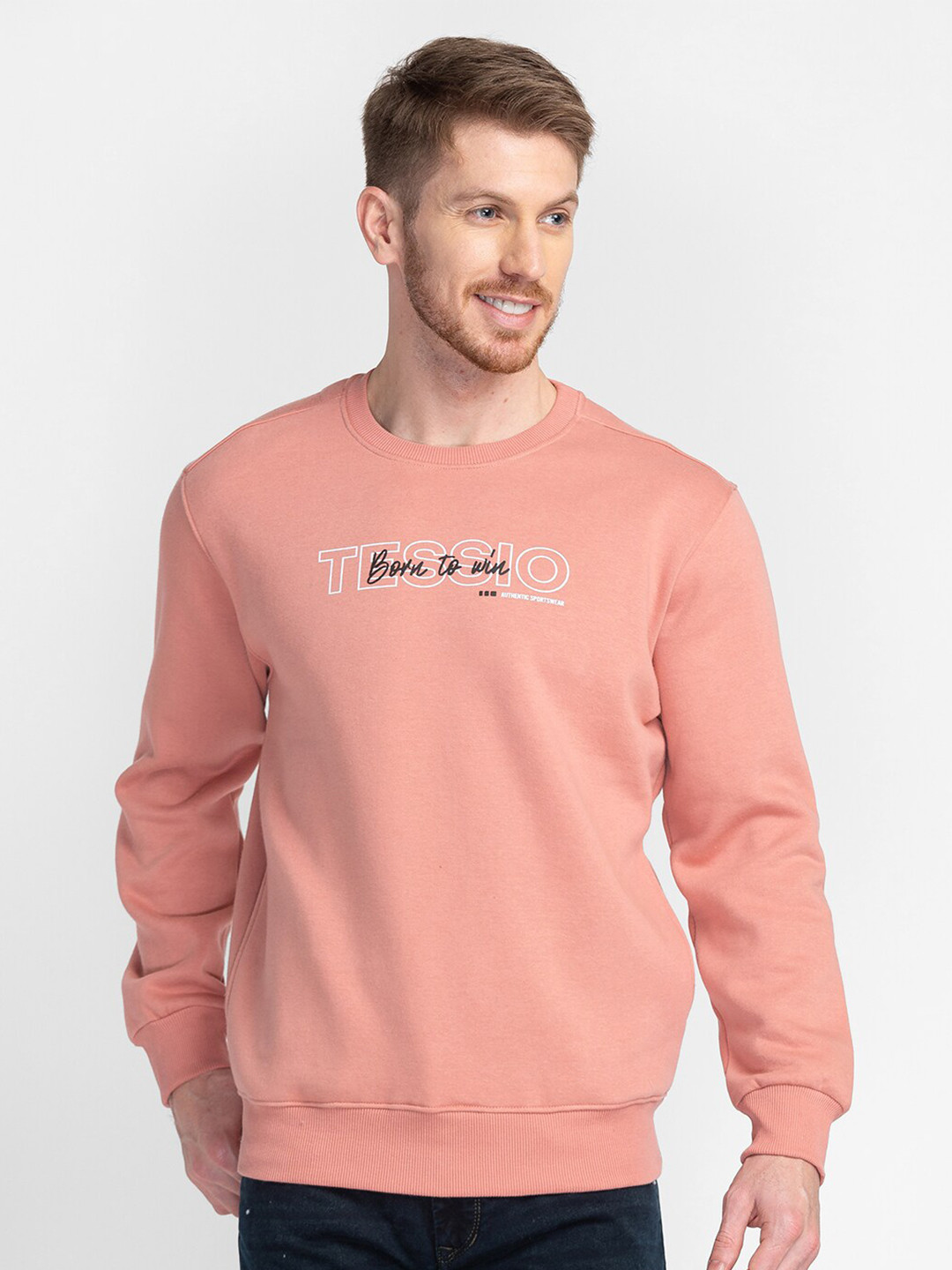 

TESSIO Typography Printed Pullover Cotton Sweatshirt, Peach