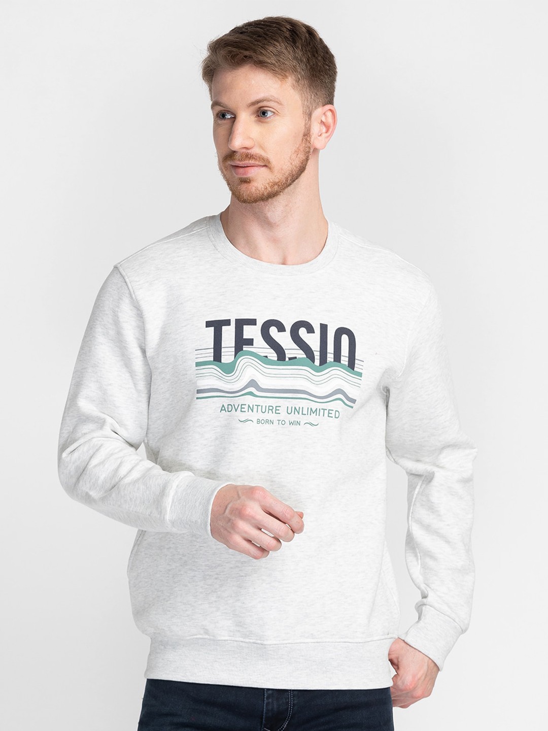 

TESSIO Brand Logo Printed Pullover Cotton Sweatshirt, Grey