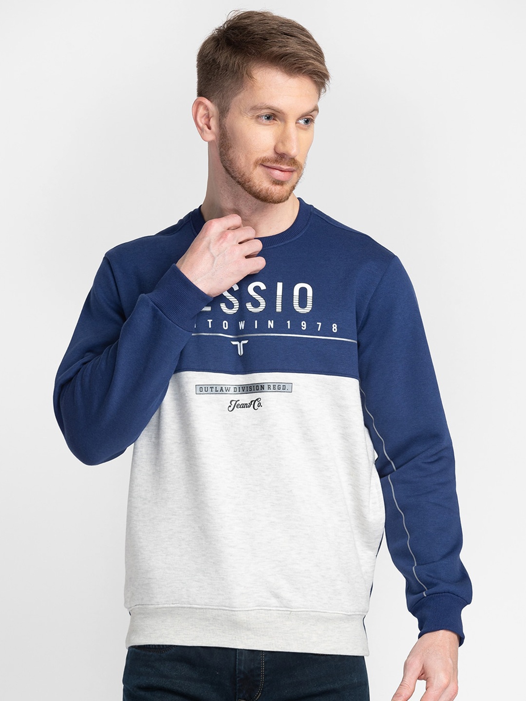 

TESSIO Brand Logo Printed Pullover Cotton Sweatshirt, Blue