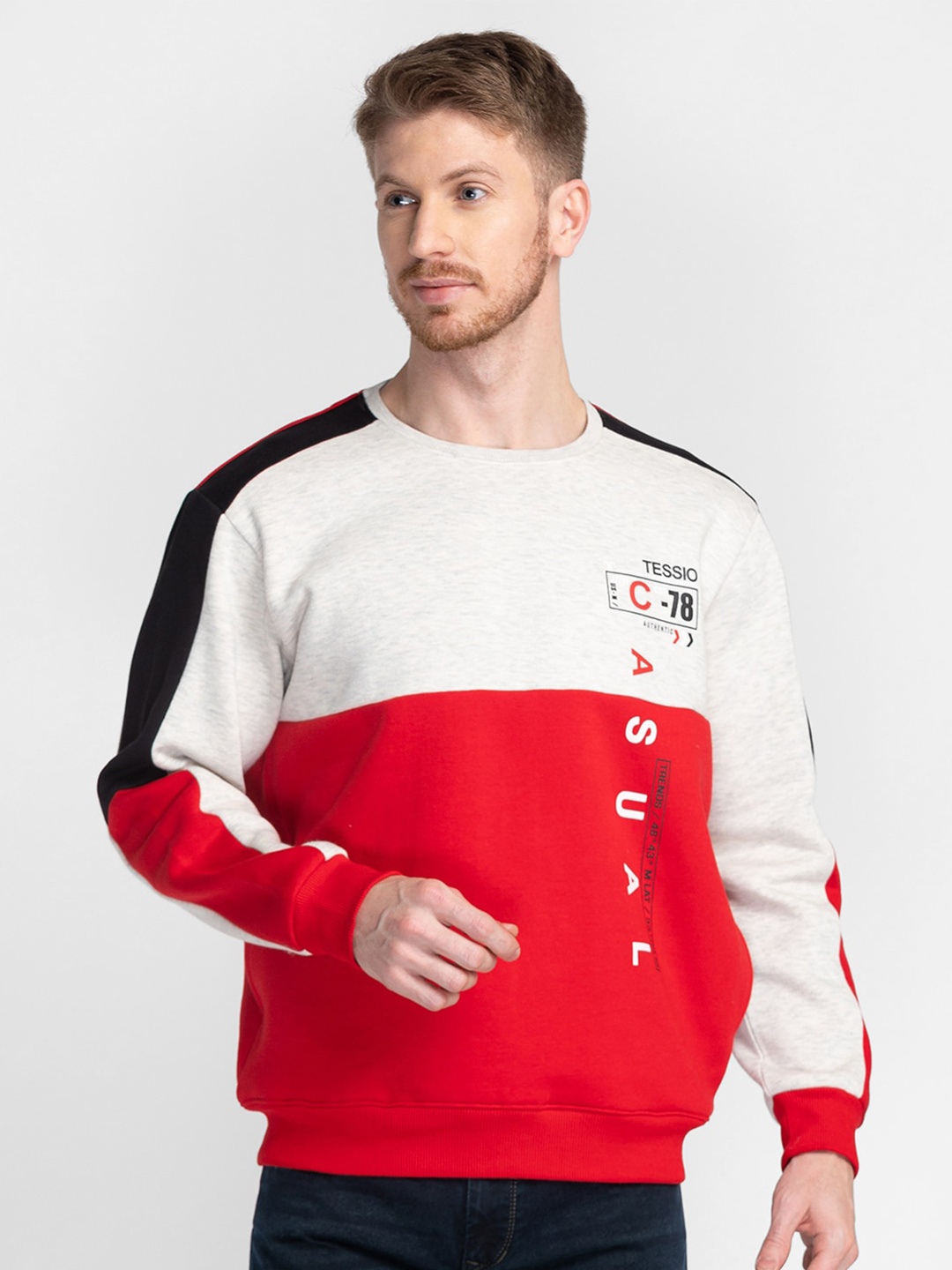 

TESSIO Colorblocked Pullover Cotton Sweatshirt, Red