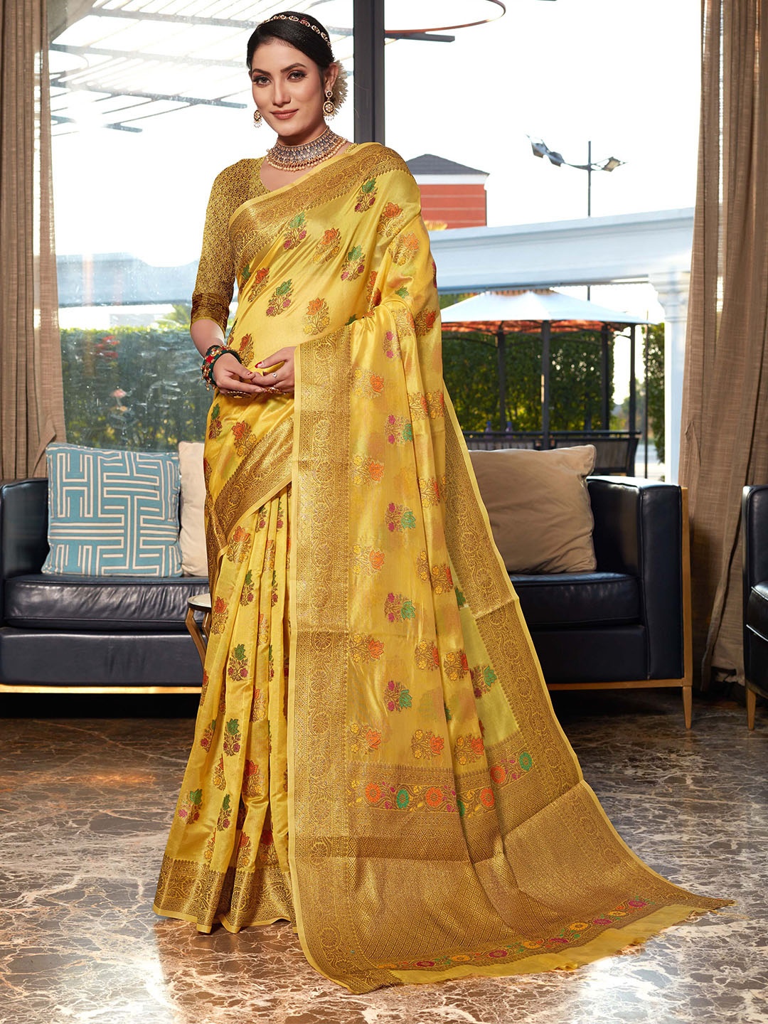 Mitera Yellow & Red Floral Woven Design Zari Organza Saree