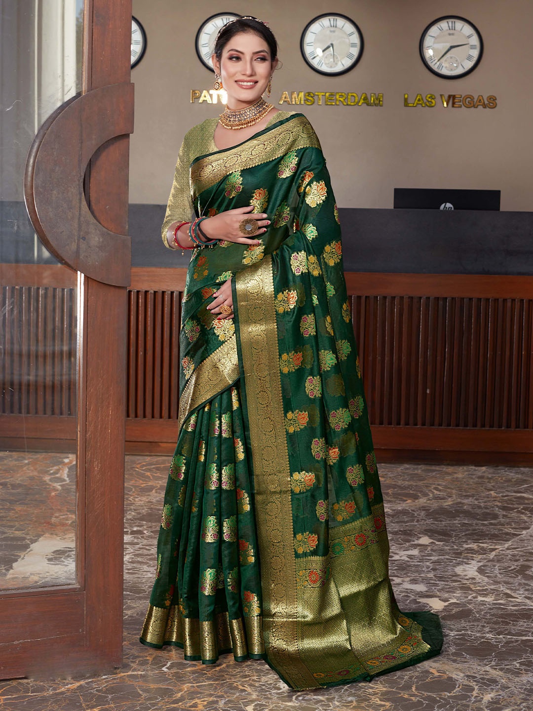 

Mitera Green & Red Floral Woven Design Zari Organza Saree