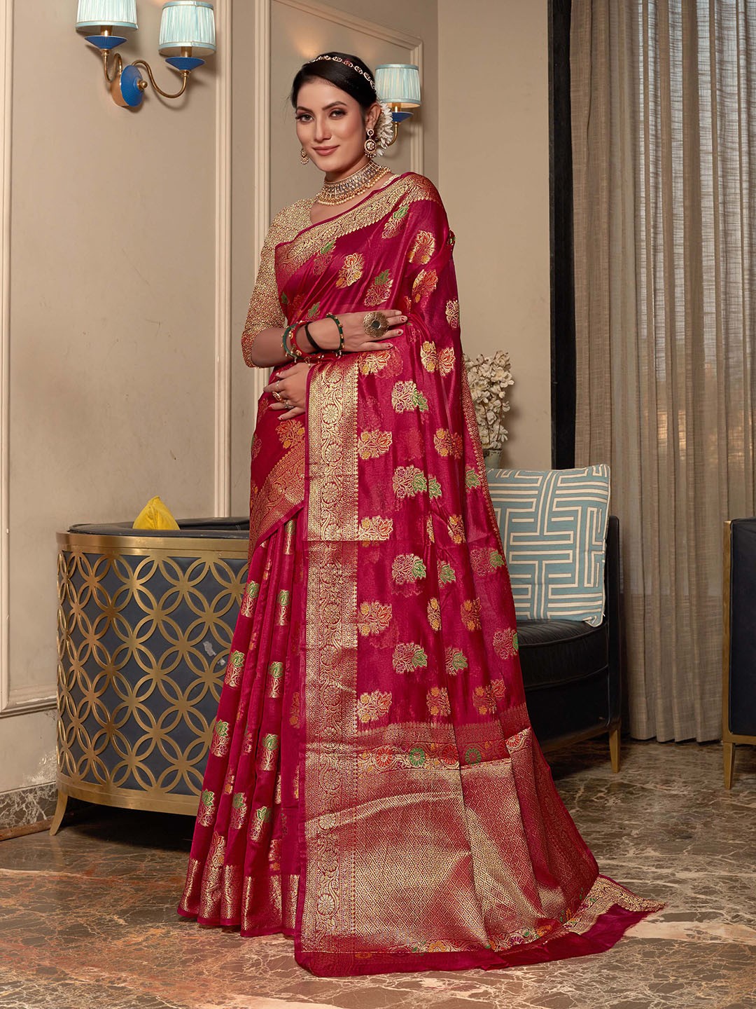 

Mitera Pink & Green Floral Woven Design Zari Organza Saree