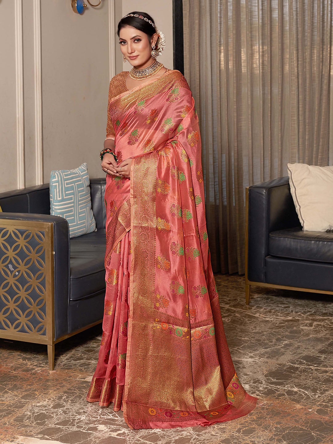 

Mitera Pink & Green Floral Woven Design Zari Organza Saree