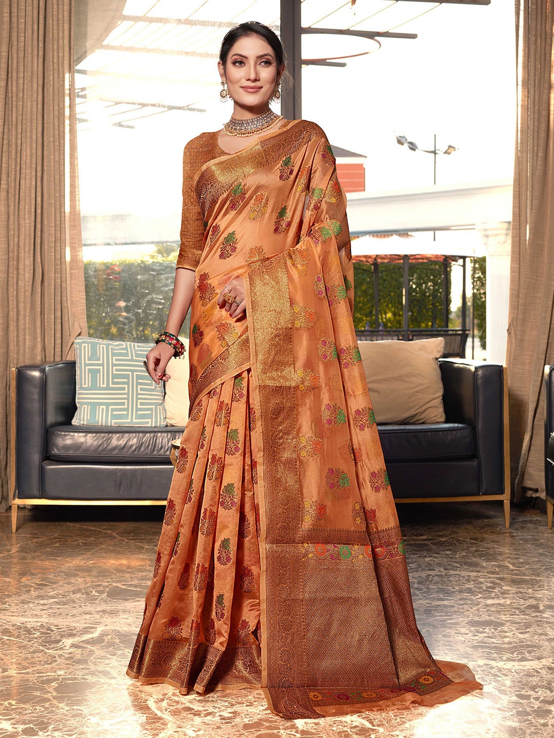 

Mitera Orange-Coloured & Green Floral Woven Design Zari Organza Saree