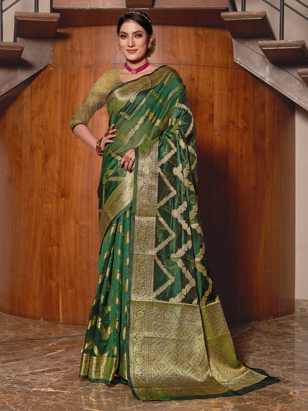 Mitera Green & Gold-Toned Floral Woven Design Zari Organza Saree