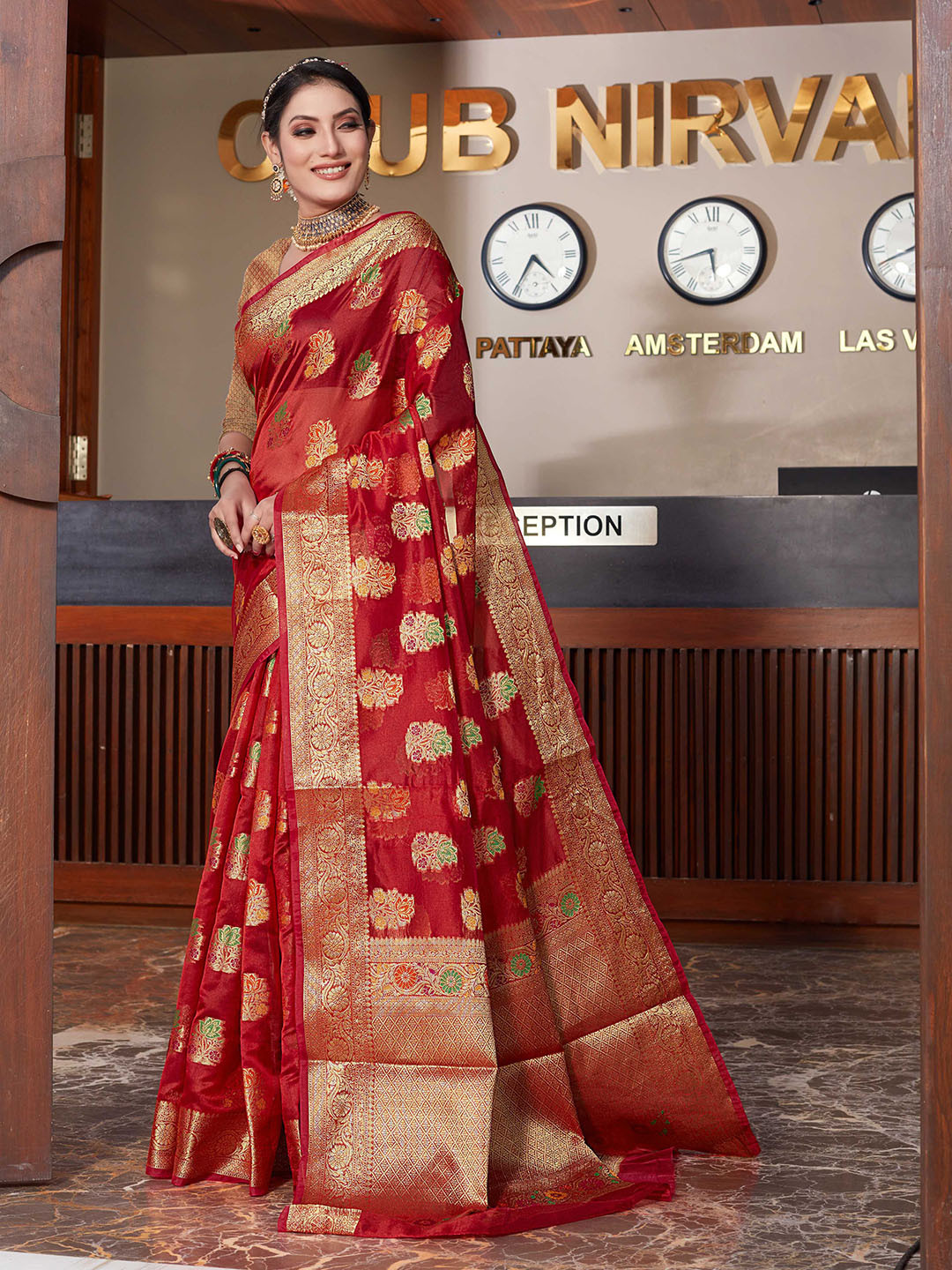 

Mitera Red & Gold-Toned Floral Woven Design Zari Organza Saree