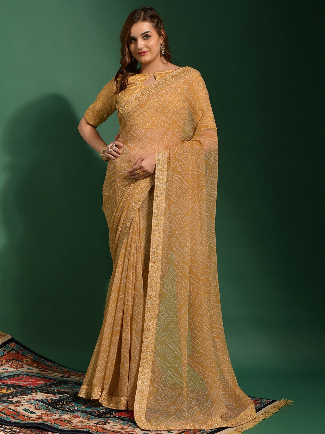 Anouk Mustard & White Bandhani Printed Sequinned Pure Georgette Bandhani Saree