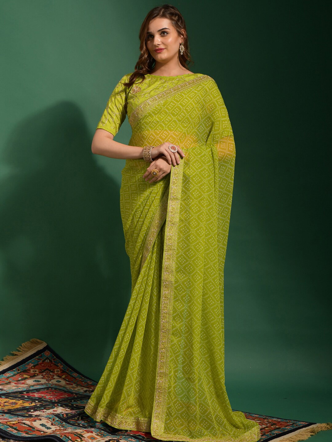 

Anouk Lime Green & White Bandhani Printed Sequinned Pure Georgette Bandhani Saree