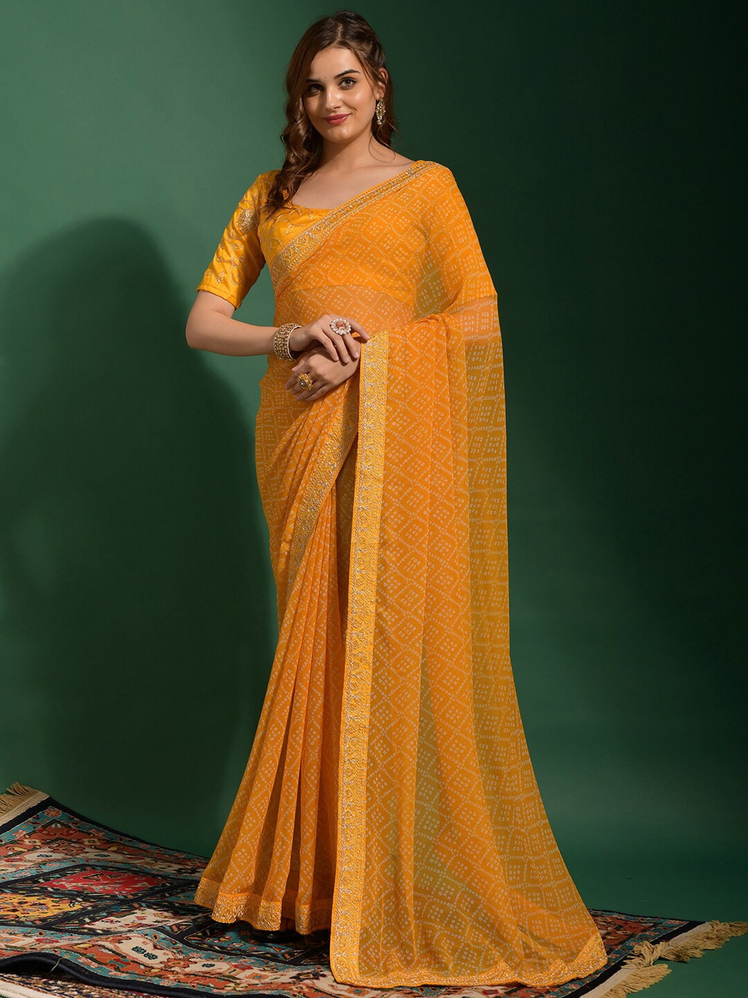 

Anouk Yellow Bandhani Printed Sequinned Bandhani Saree