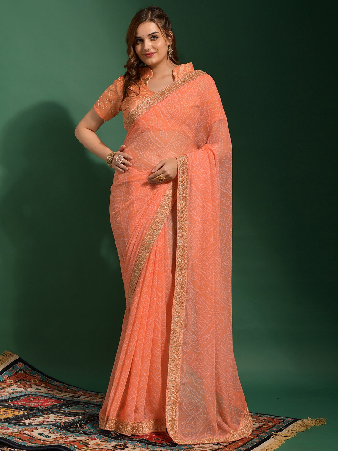 

Anouk Peach-Coloured & White Bandhani Printed Sequinned Pure Georgette Bandhani Saree