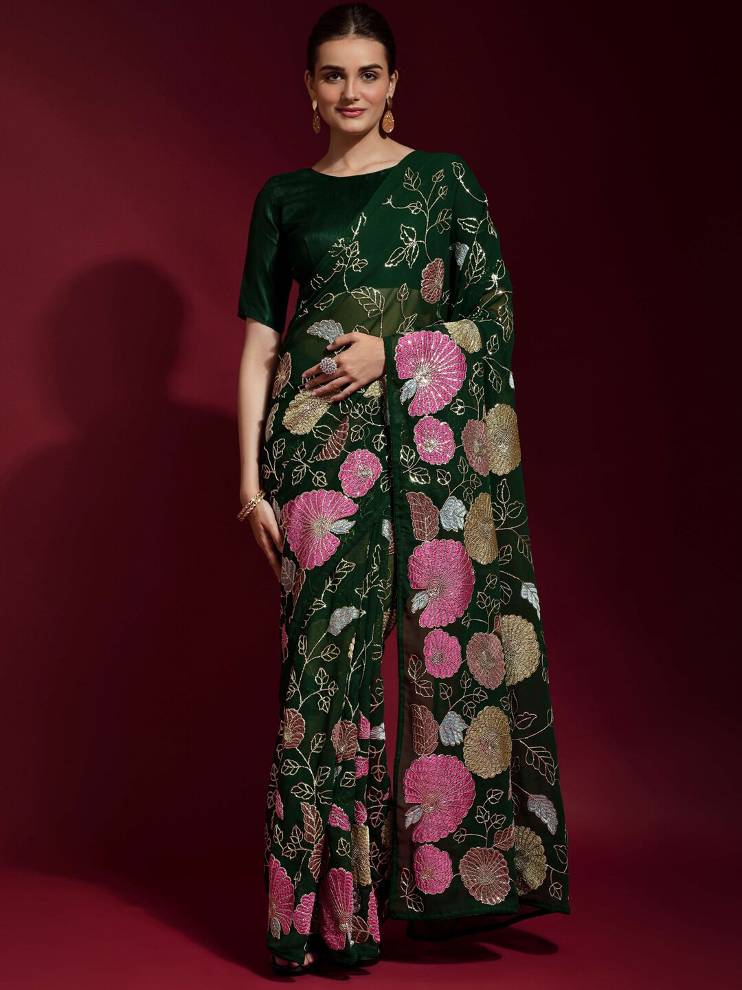 Anouk Green & Pink Floral Embroidered Sequinned Pure Georgette Saree