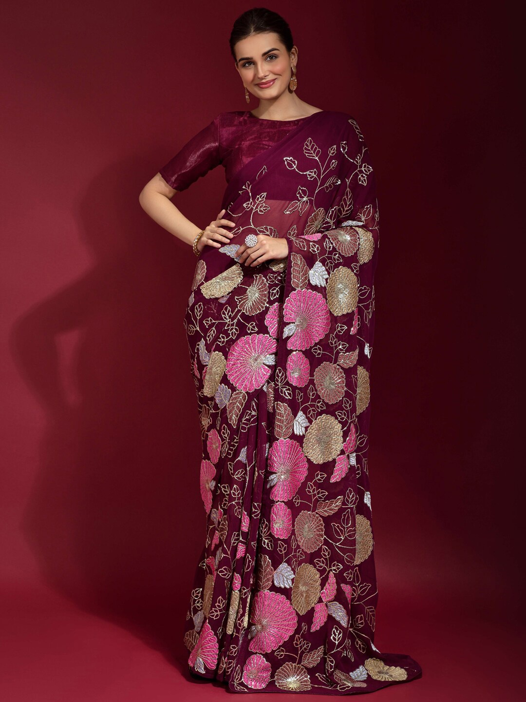 

Anouk Purple & Pink Floral Embroidered Sequinned Pure Georgette Saree
