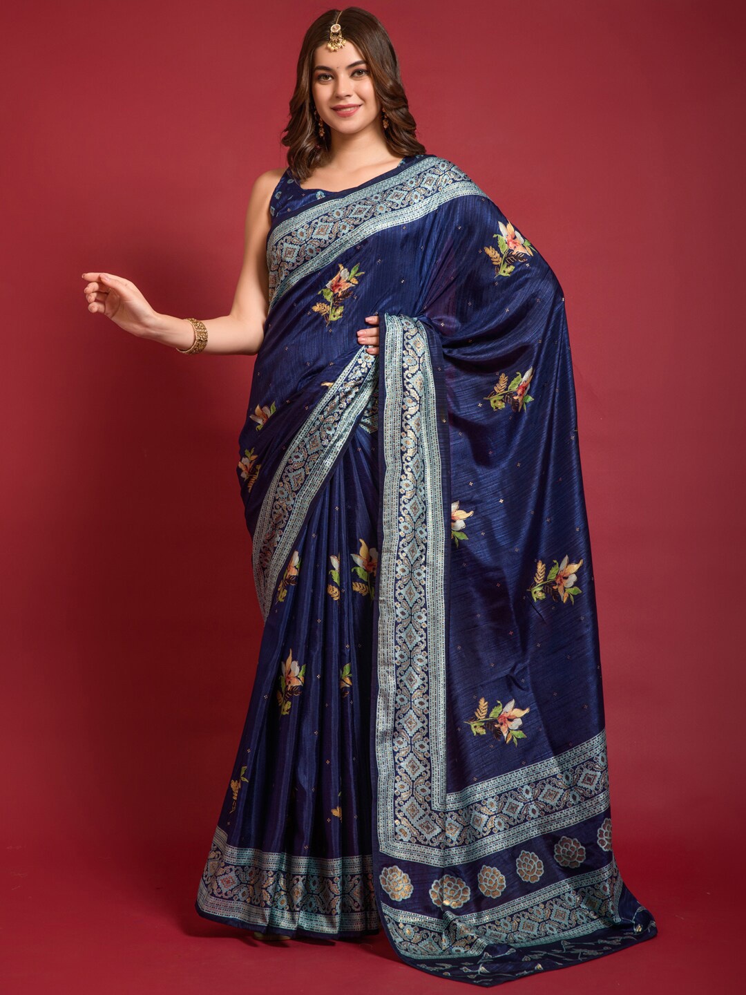 

Anouk Navy Blue & Green Floral Printed Zari Bagru Saree