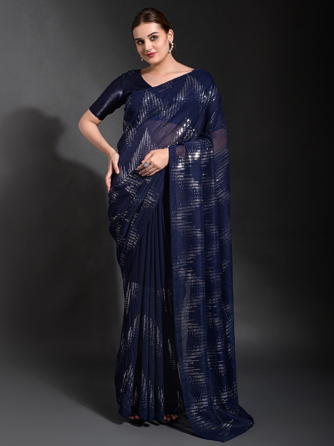 

Anouk Navy Blue Embellished Sequinned Pure Georgette Saree