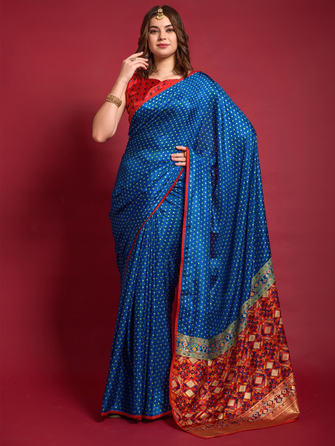 

Anouk Blue Geometric Printed Zari Silk Blend Bagh Saree