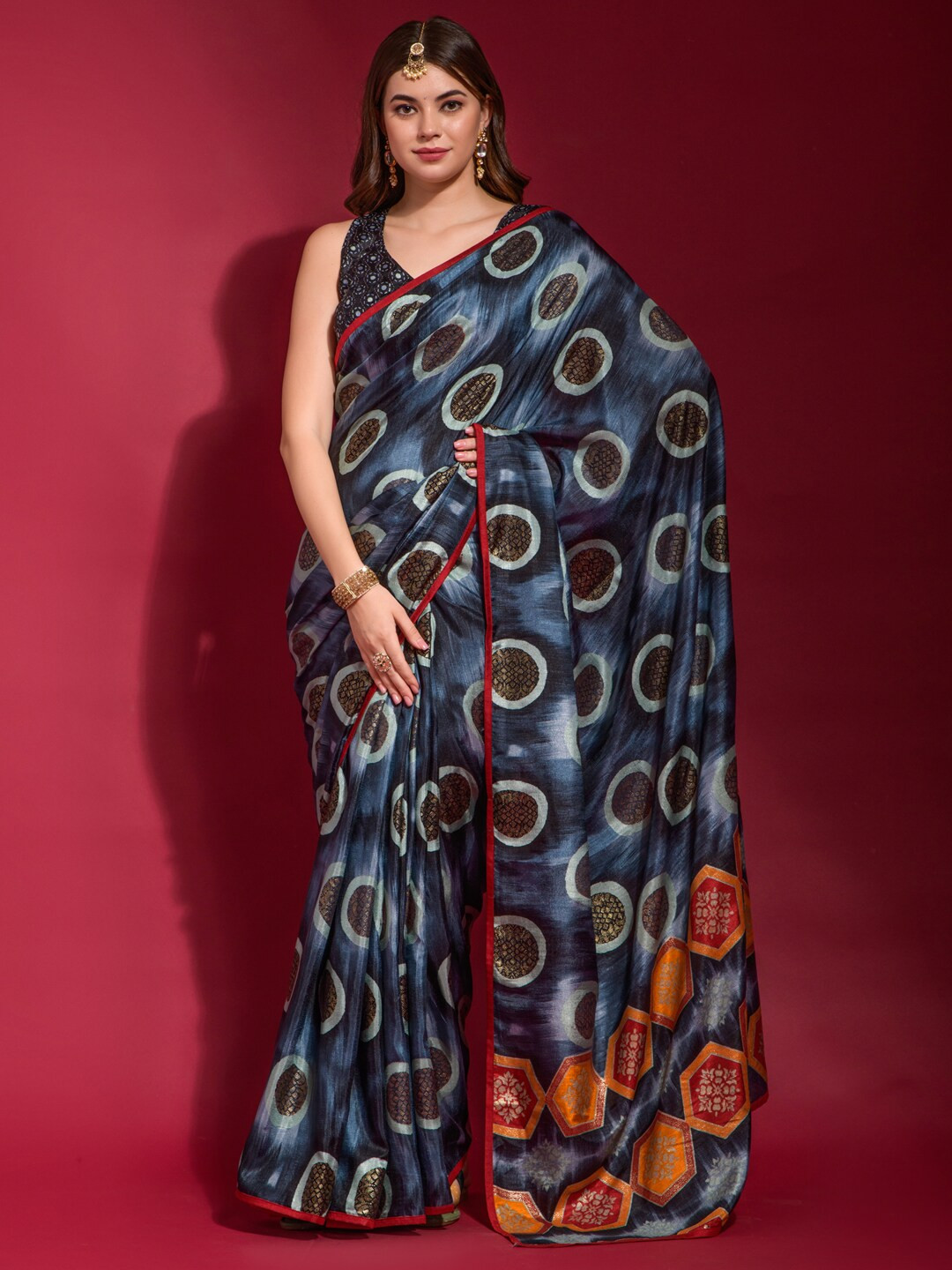 

Anouk Geometric Printed Block Print Saree, Blue