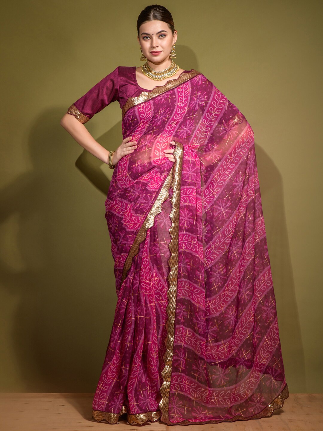 Anouk Purple & Pink Bandhani Printed Pure Georgette Bandhani Saree