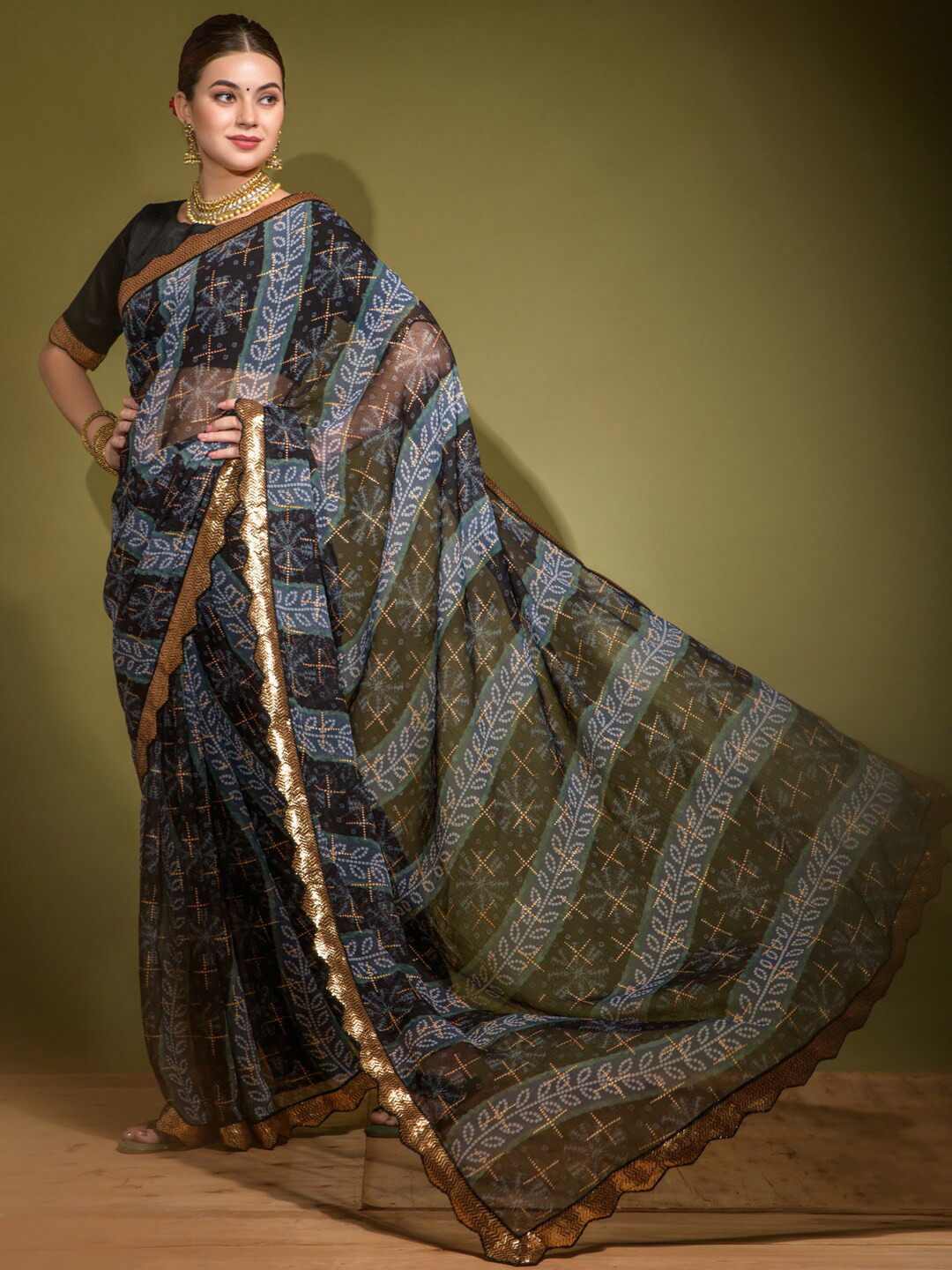

Anouk Black & Blue Bandhani Printed Sequinned Pure Georgette Bandhani Saree