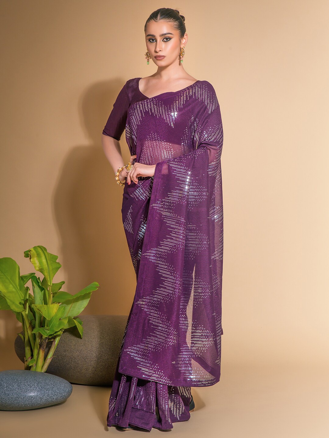 Anouk Purple Embellished Sequinned Saree