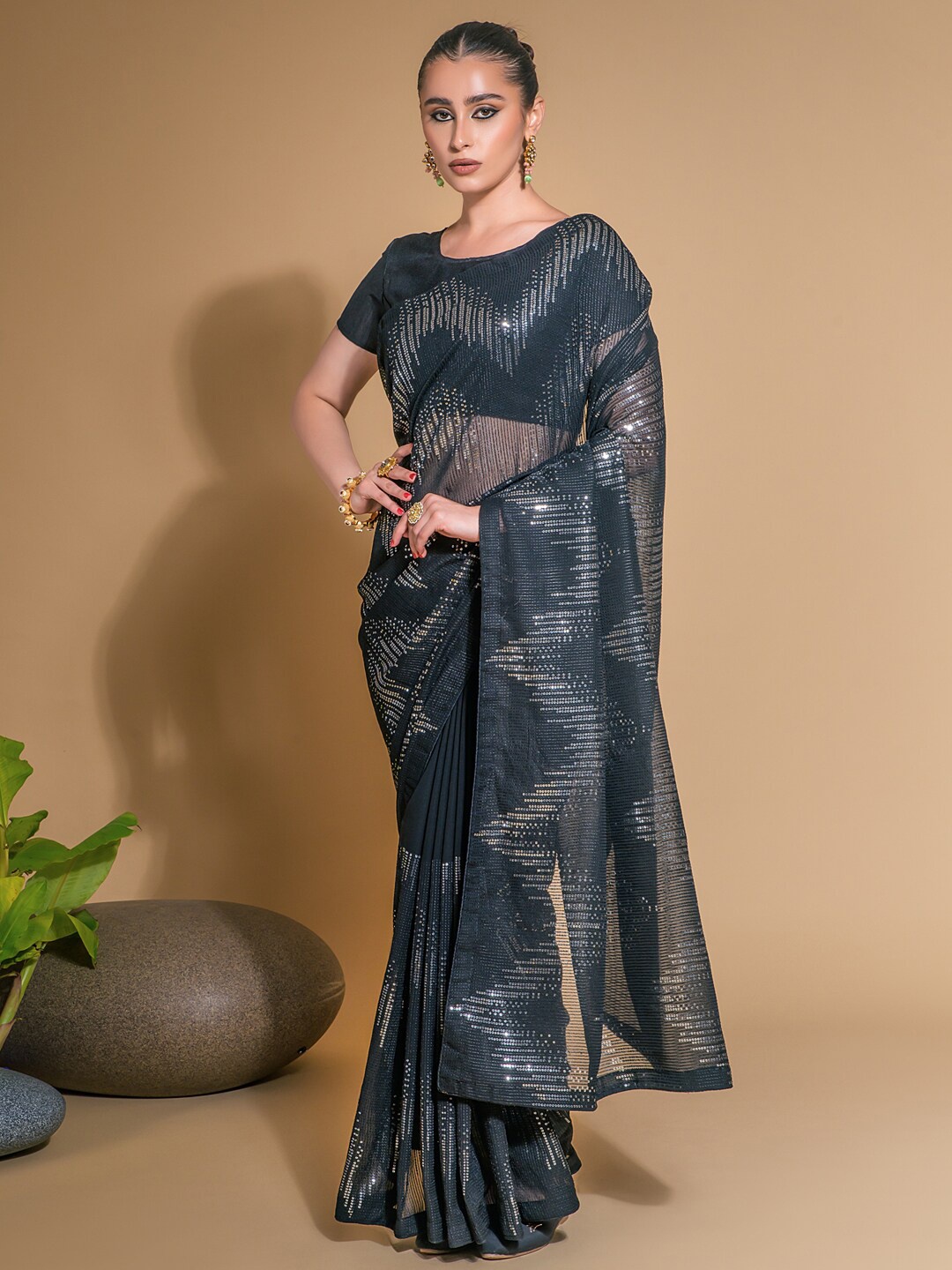 

Anouk Charcoal Embellished Sequinned Pure Georgette Saree