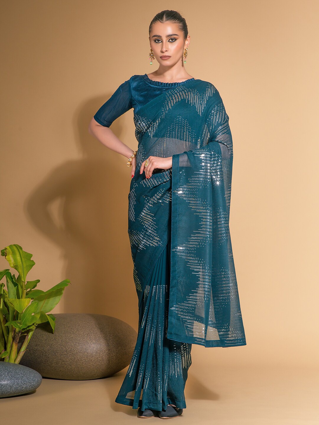 

Anouk Teal Blue Embellished Sequinned Pure Georgette Saree