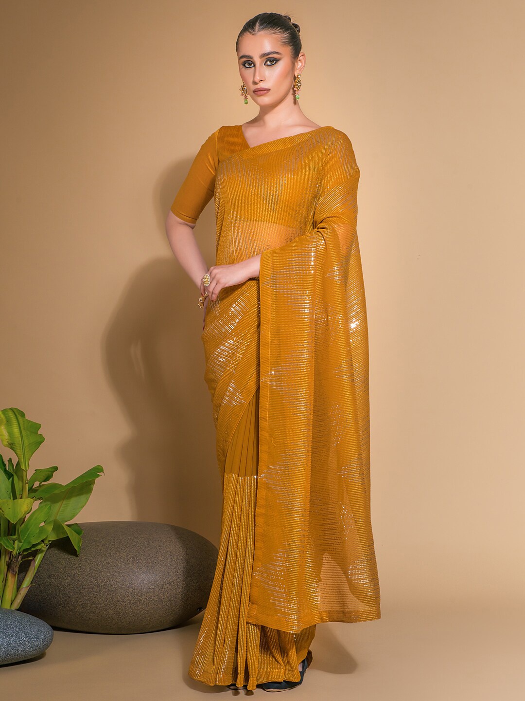 Anouk Mustard Yellow Embellished Sequinned Pure Georgette Saree