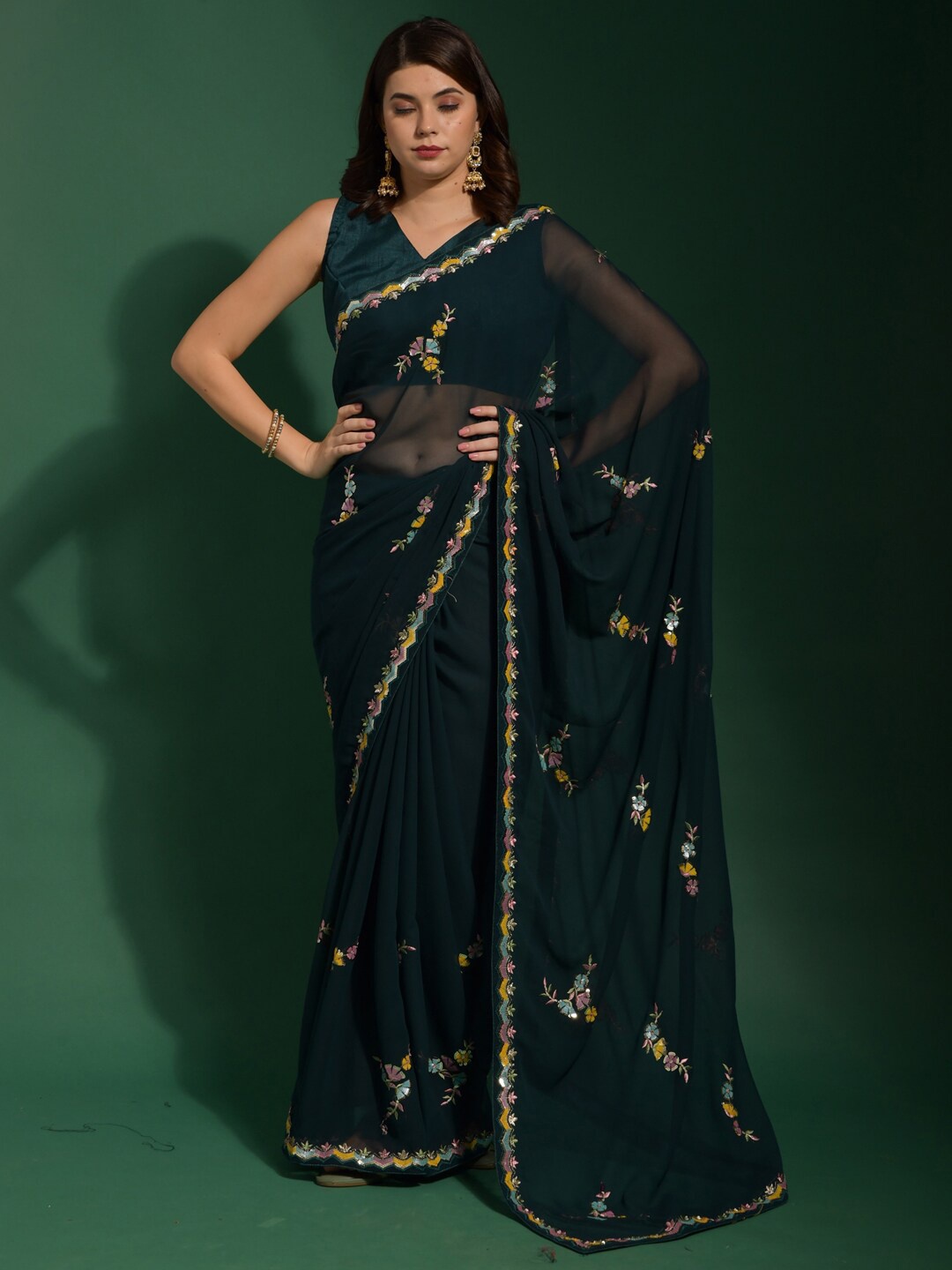 

Anouk Teal & Purple Floral Embroidered Sequinned Pure Georgette Saree