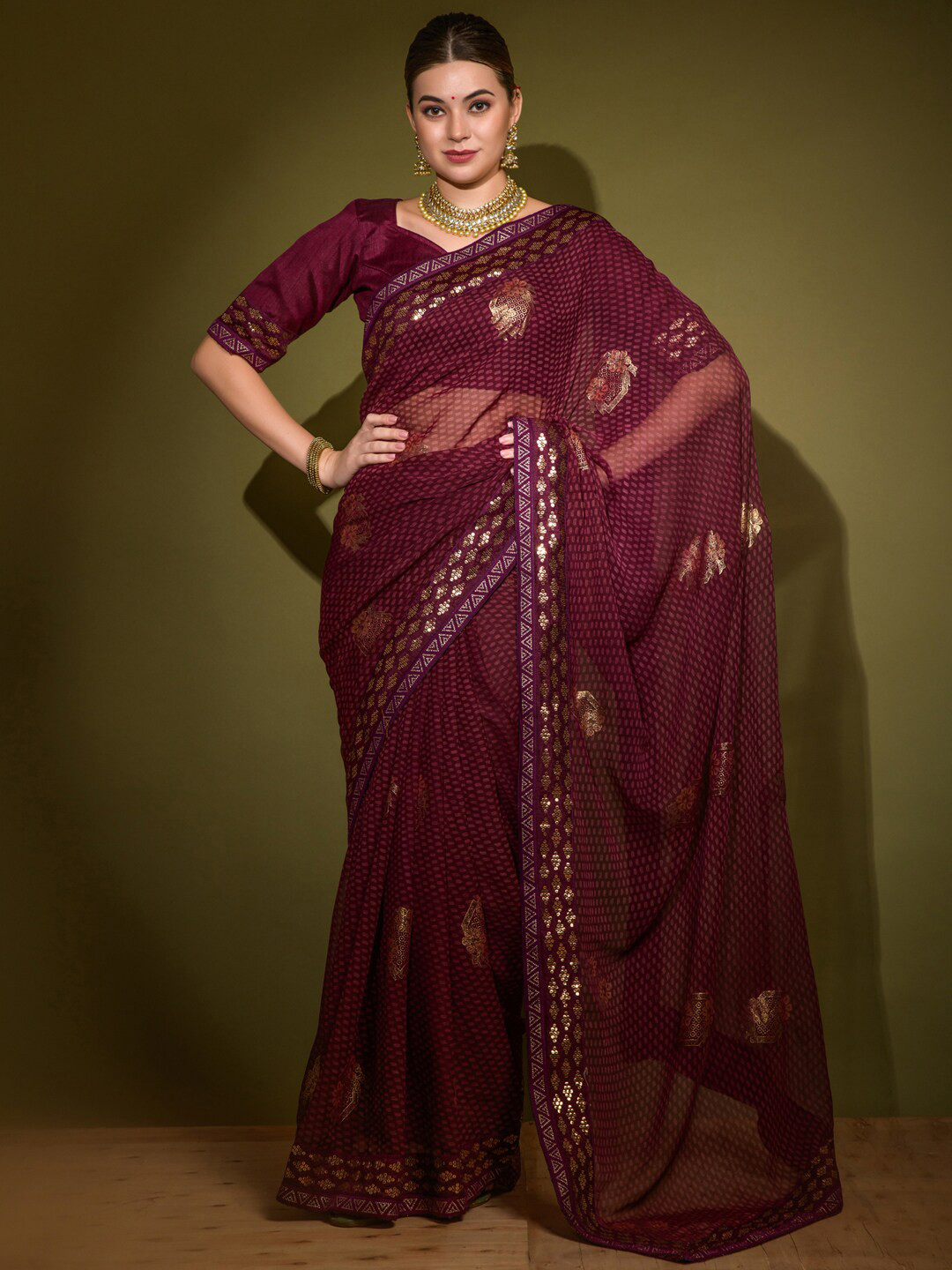 

Anouk Purple & Red Ethnic Motifs Printed Zari Pure Georgette Saree