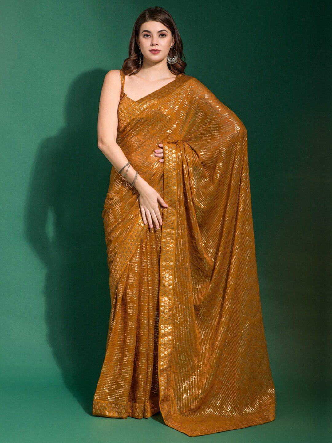 

Anouk Mustard Embellished Sequinned Pure Georgette Saree