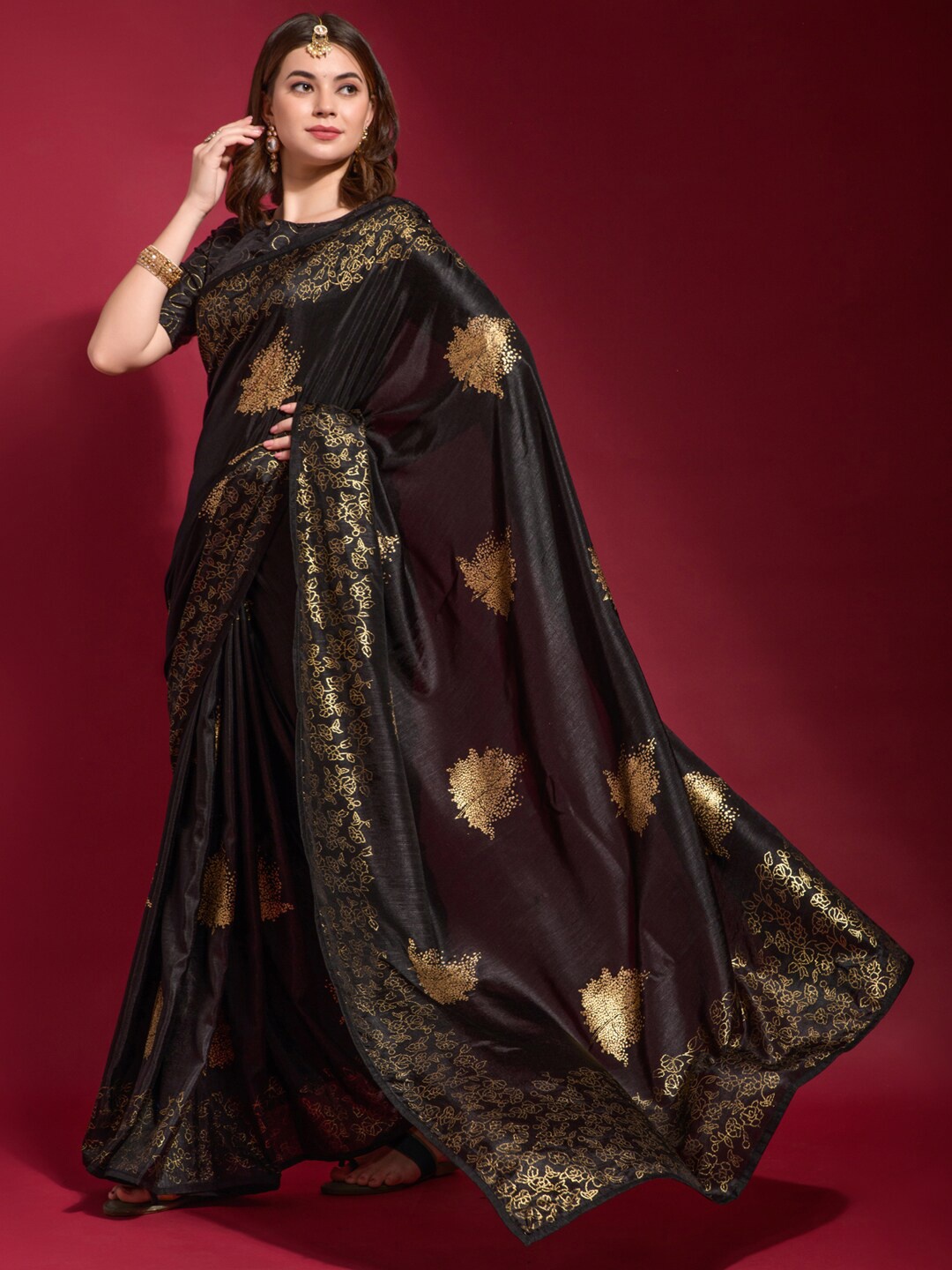 

Anouk Black & Gold-Toned Ethnic Motifs Zari Pure Georgette Saree