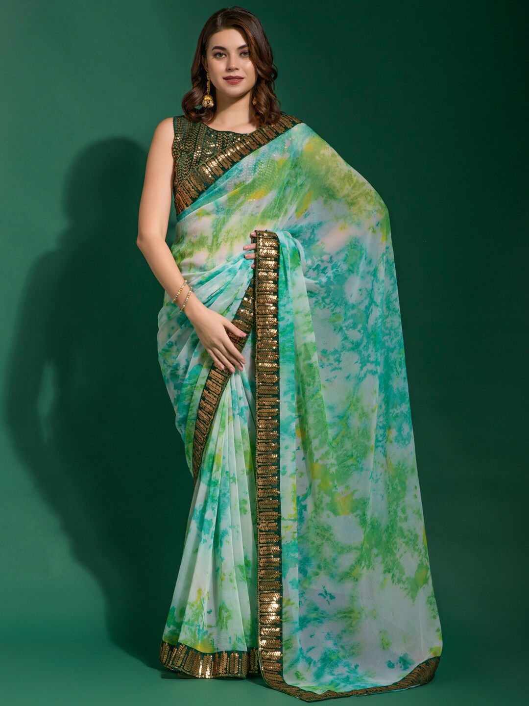 Anouk Turquoise Blue & Green Tie and Dye Dyed Sequinned Pure Chiffon Saree