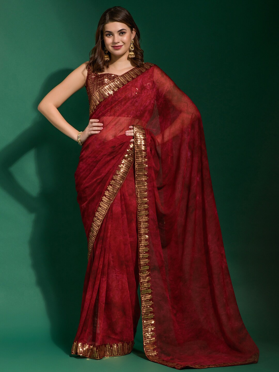

Anouk Orange & Red Tie and Dye Sequinned Saree, Maroon