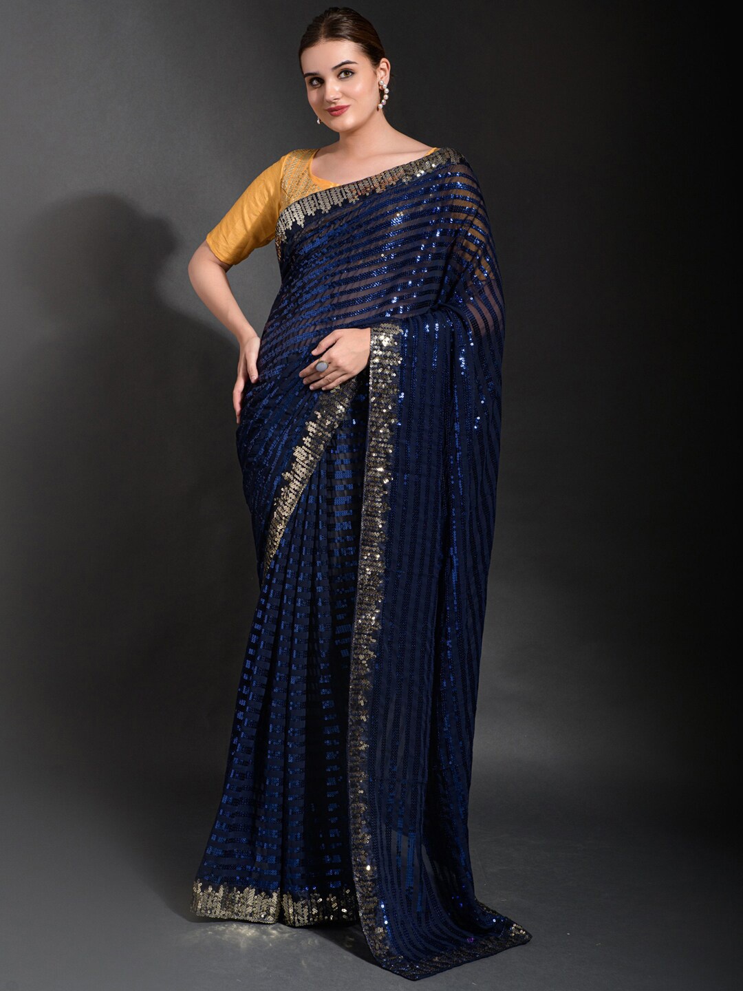 

Anouk Navy Blue & Gold-Toned Embellished Sequinned Pure Georgette Saree