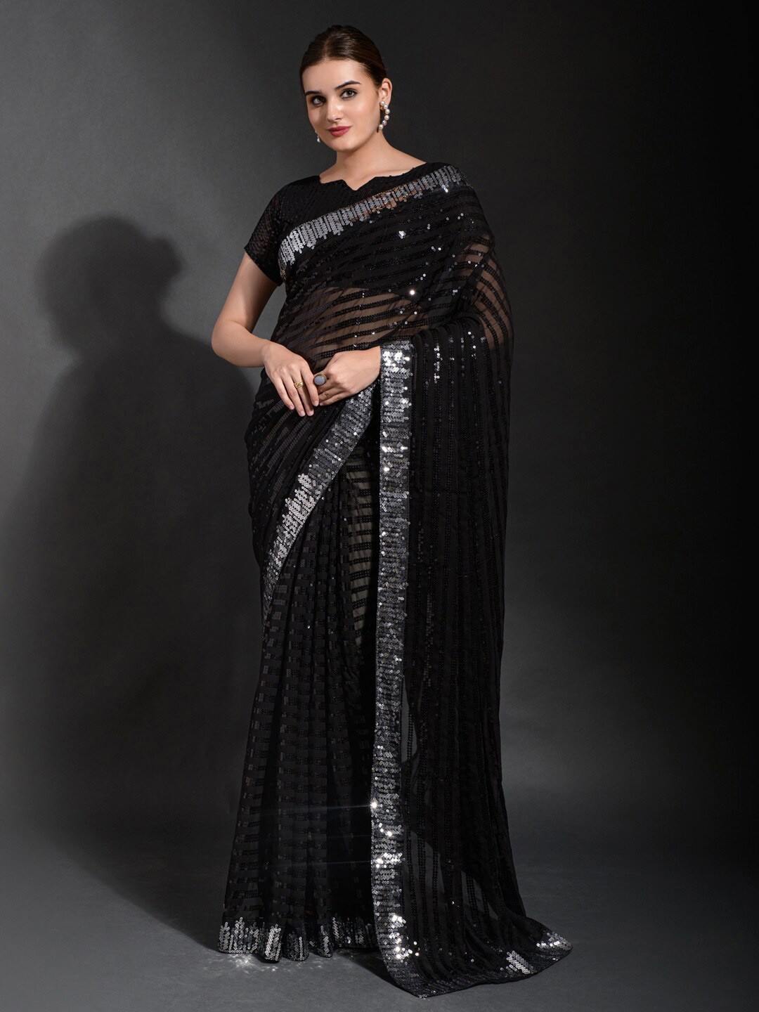 

Anouk Black & Silver-Toned Embellished Sequinned Pure Georgette Saree