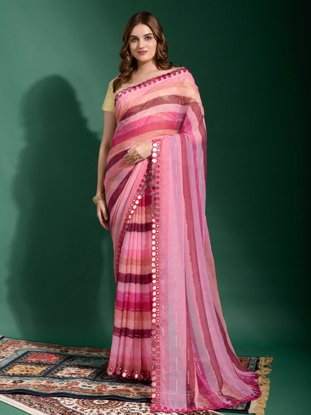 

Anouk Pink & Gold-Toned Striped Mirror Work Pure Chiffon Saree