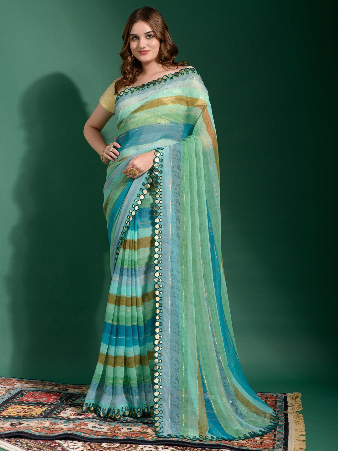 Anouk Blue & Sea Green Striped Mirror Work Pure Chiffon Saree