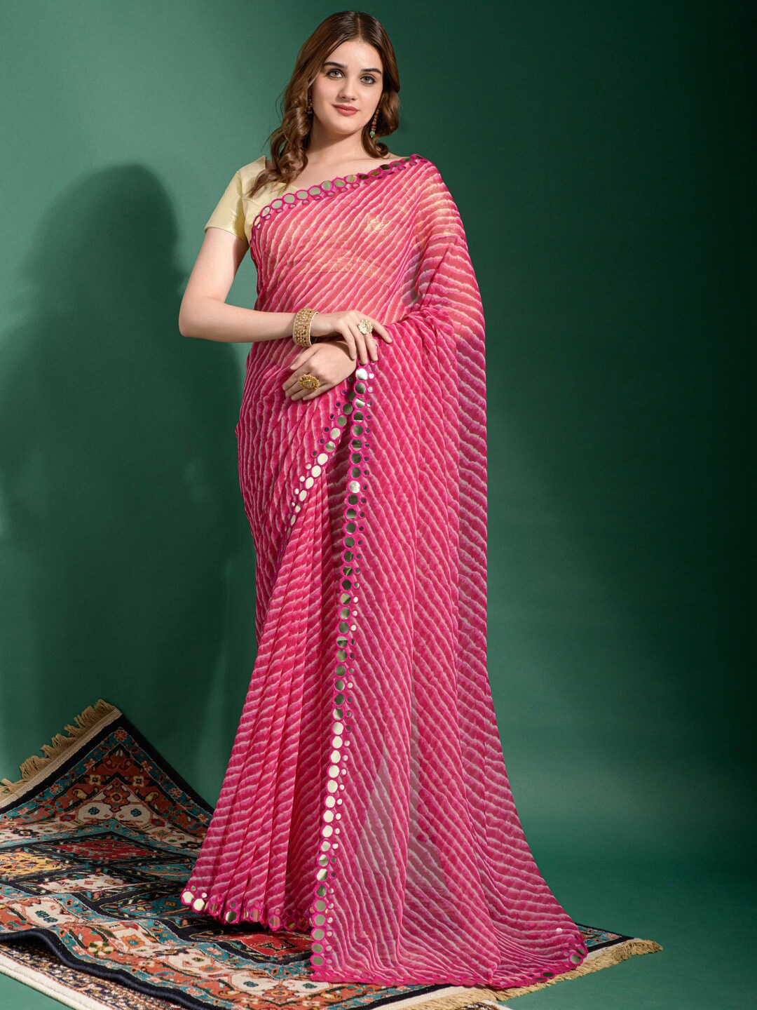 

Anouk Pink & White Leheriya Mirror Work Pure Chiffon Saree