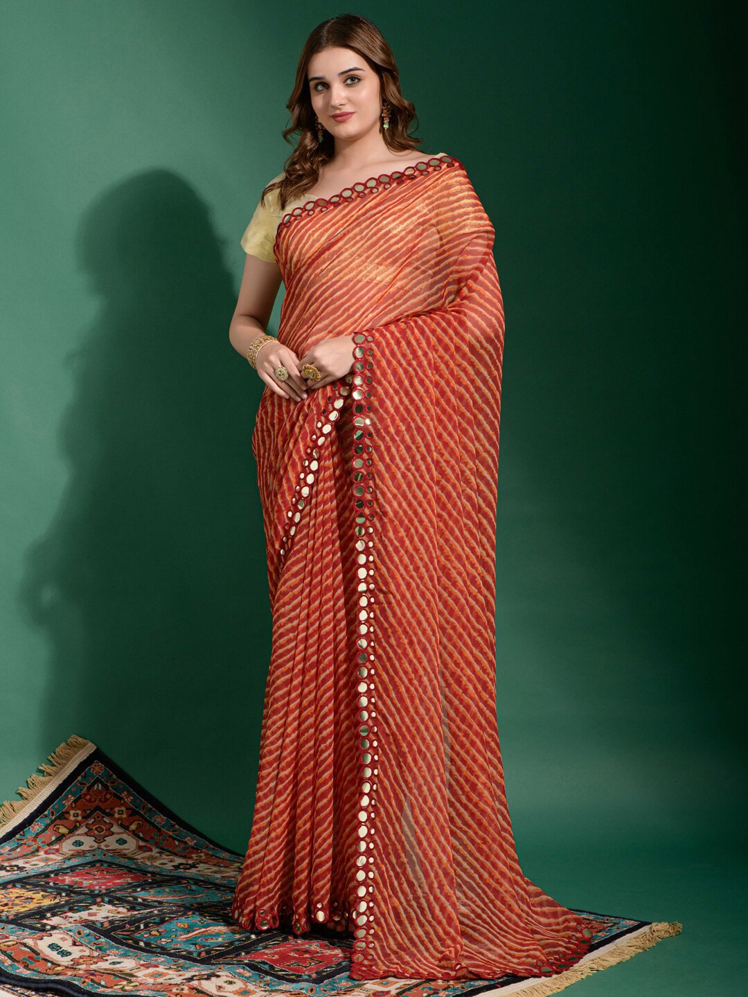 

Anouk Maroon & White Leheriya Printed Mirror Work Saree