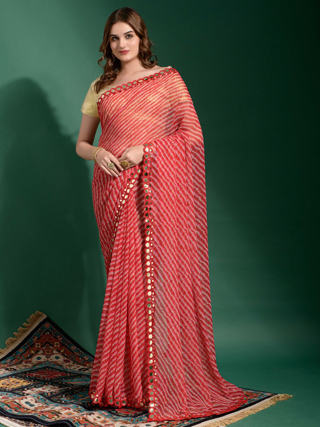 

Anouk Red & White Leheriya Mirror Work Pure Chiffon Saree