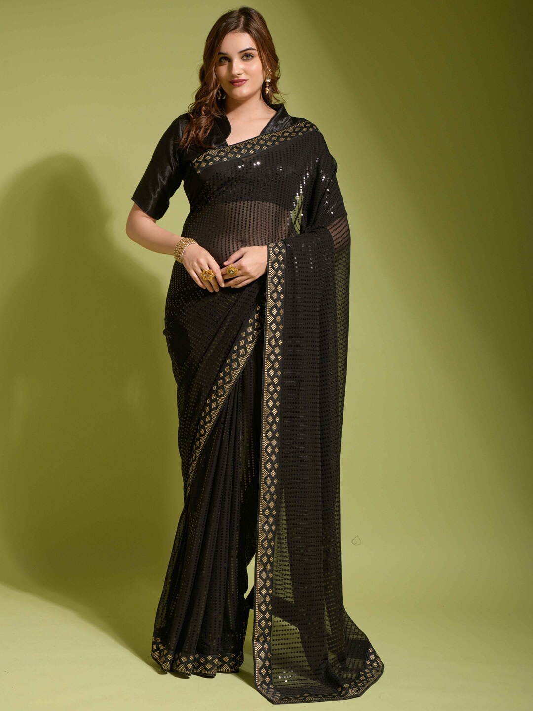 Anouk Black & Gold-Toned Embellished Sequinned Pure Georgette Saree