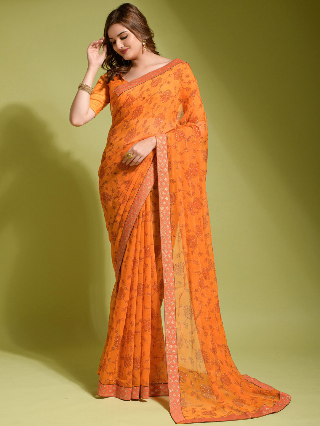 

Anouk Orange & Gold-Toned Floral Zari Pure Georgette Saree