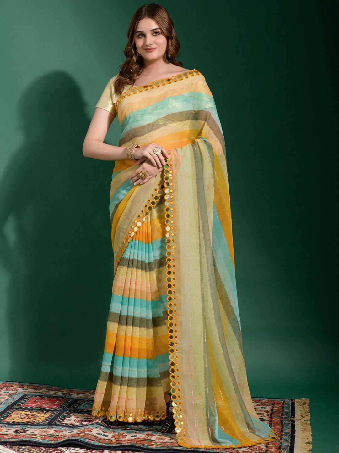 

Anouk Blue & Orange Striped Mirror Work Pure Chiffon Saree, Turquoise blue
