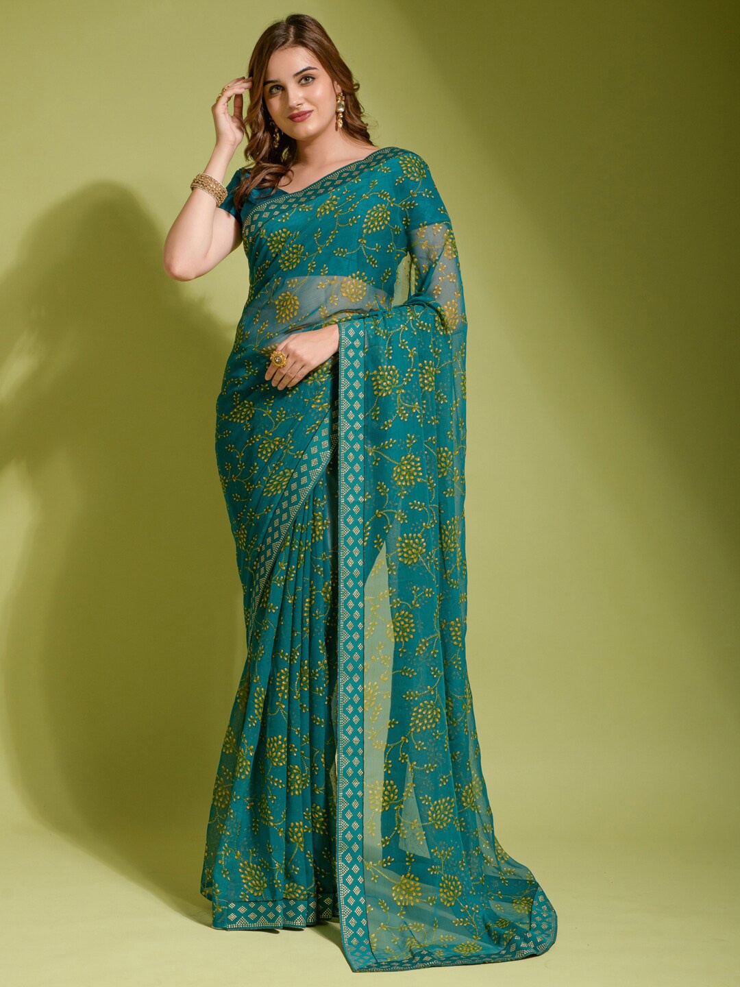 Anouk Blue & Yellow Floral Printed Beads and Stones Pure Georgette Saree, Teal