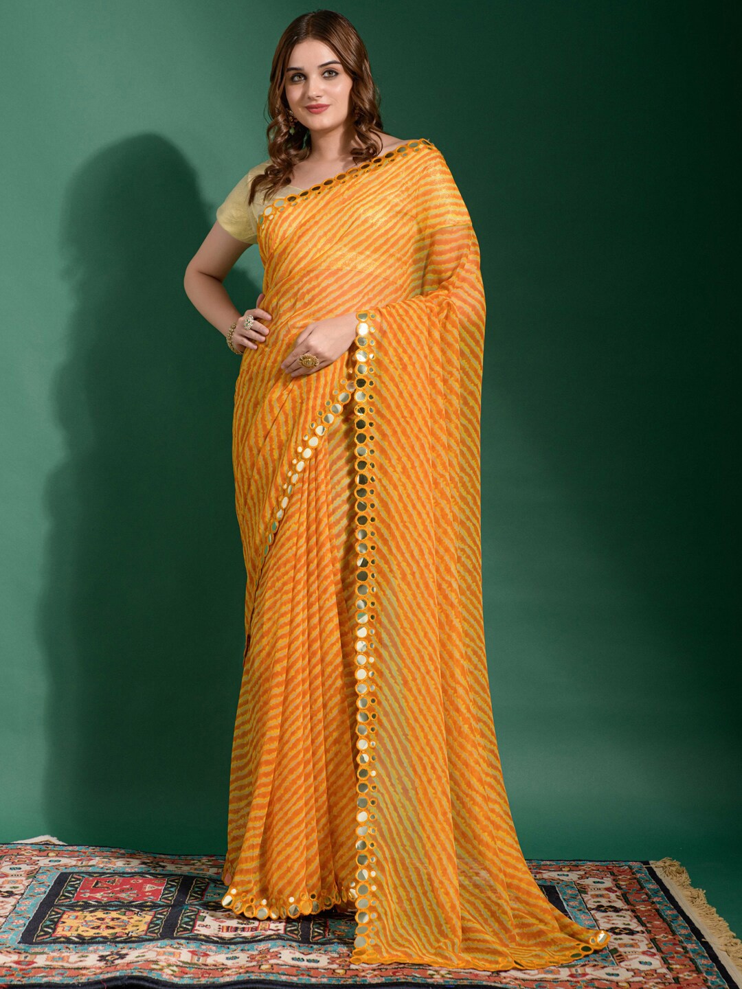 

Anouk Yellow & Orange Leheriya Printed Mirror Work Pure Chiffon Saree