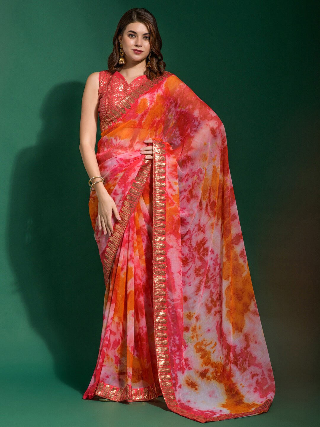 

Anouk Pink & White Tie and Dye Dyed Sequinned Pure Chiffon Saree