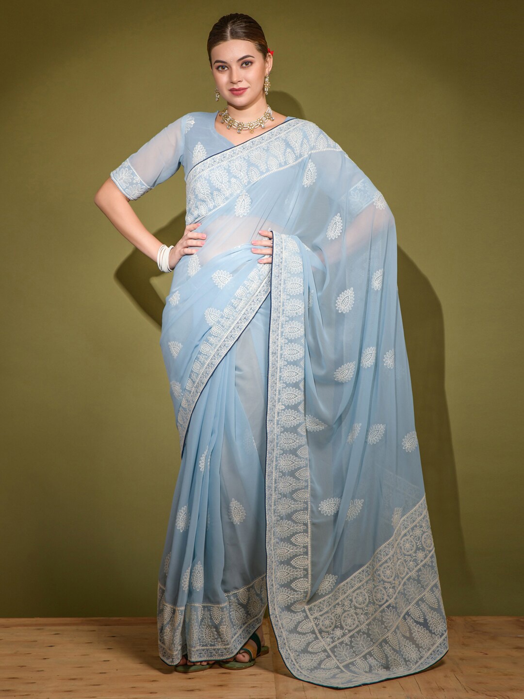 

Anouk Grey & White Ethnic Motifs Embroidered Pure Georgette Saree, Blue