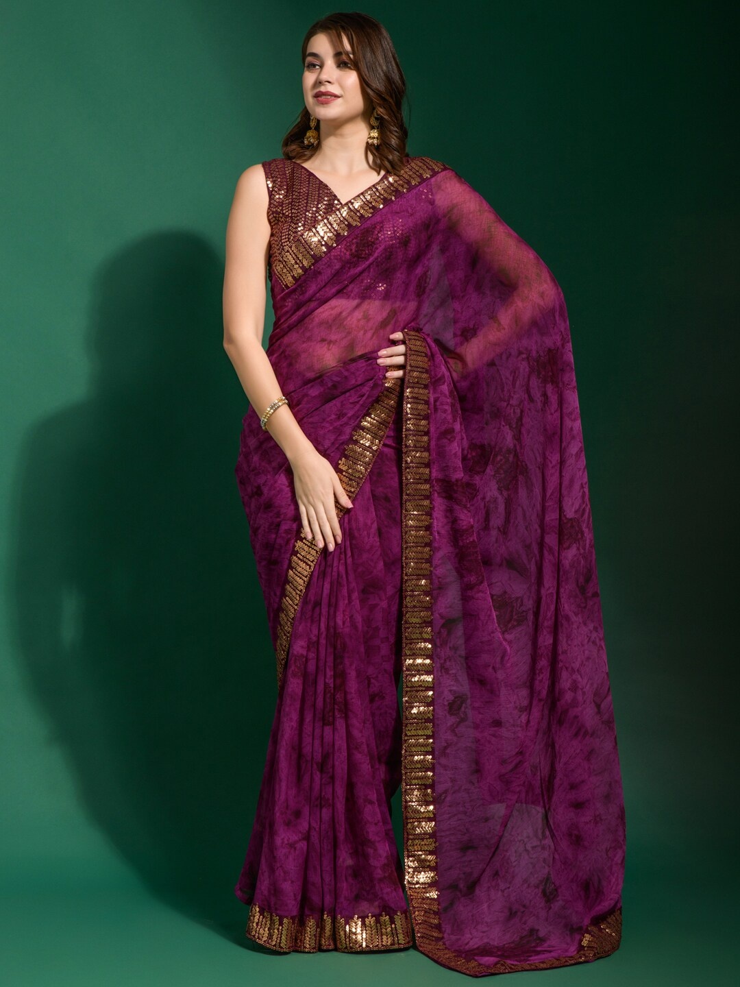 Anouk Purple & Black Tie and Dye Sequinned Pure Chiffon Saree