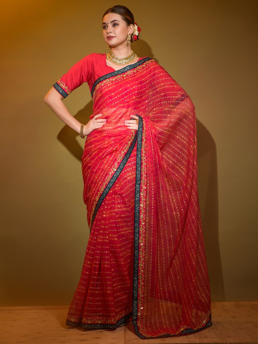 Anouk Red & White Striped Embellished Saree