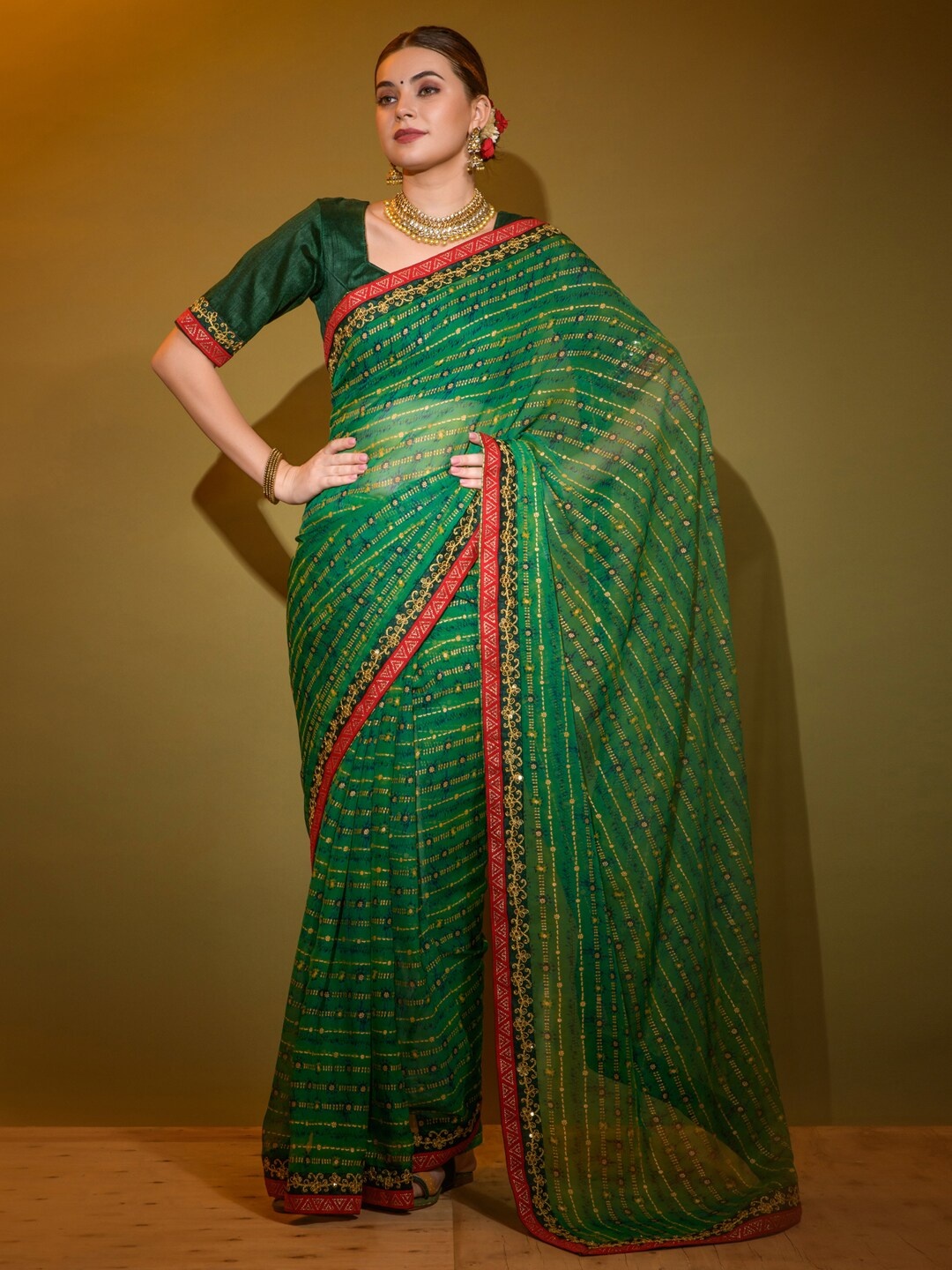 

Anouk Green & Red Ethnic Motifs Printed Sequinned Saree